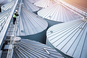 Image of a worker inspecting grain storage bins